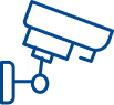 Blue security camera icon representing continuous threat monitoring and surveillance services.